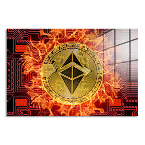 Glasbild - Bitcoin BTC mit Flammen