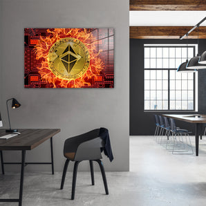 Glasbild - Bitcoin BTC mit Flammen