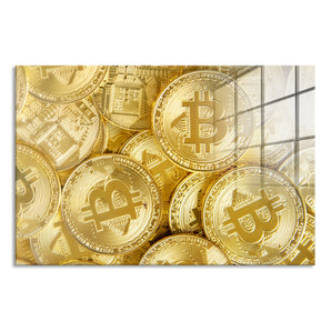 Glasbild - goldfarbene Bitcoins BTC