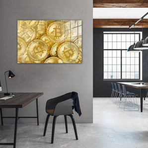 Glasbild - goldfarbene Bitcoins BTC